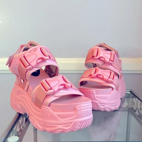 Anthony Wang pink platform wedge buckle sandals patent leather trim size 6.5 - Picture 5 of 13